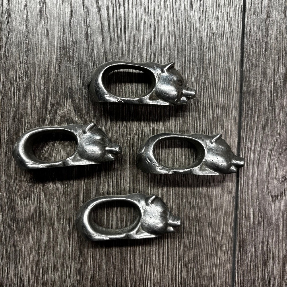 Vintage Pewter Pig Napkin Rings Set of 4 Silver Cast Metal Farmhouse Table Decor
